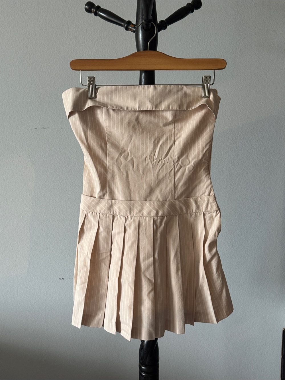 Zara Beige Pinstripe Strapless Pleated Mini Dress